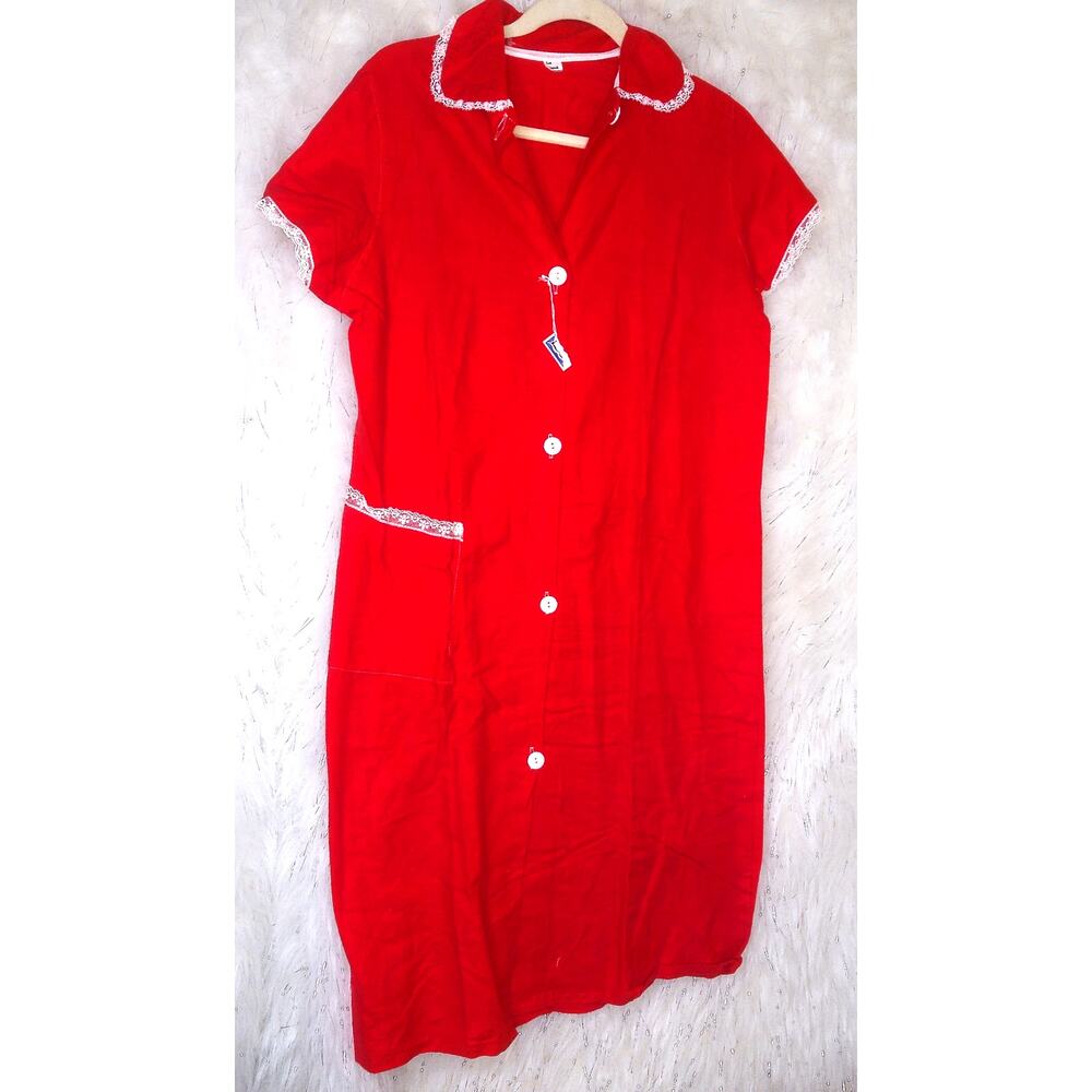 Vintage Red Flannel Housecoat Button Front Lace Pocket Dress Small NWT - Picture 2 of 7